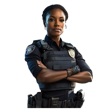 A female police officer standing with arms crossed, wearing a police uniform, badge, and protective vest.