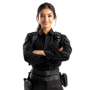 Young woman in police uniform smiling with arms crossed, standing against a white background.