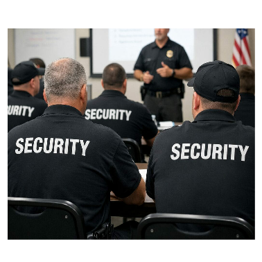 Security personnel attending a training or meeting in a conference room.