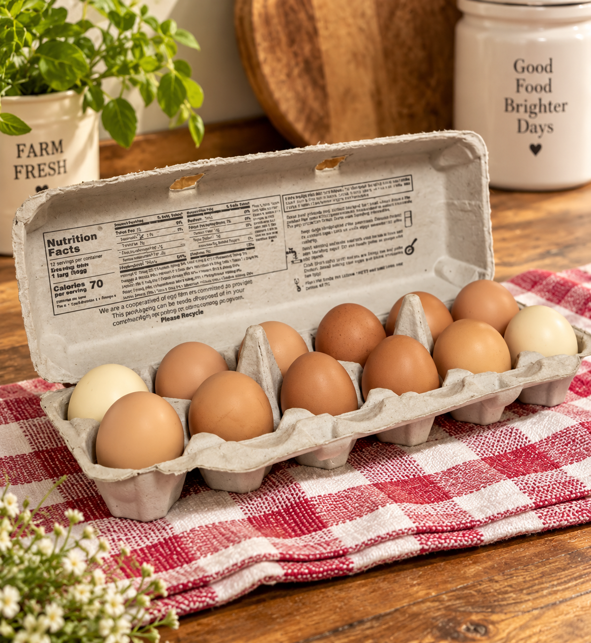 A carton of mixed brown and white eggs on a red and white checkered cloth, with a green plant and two white jars with black text in the background.