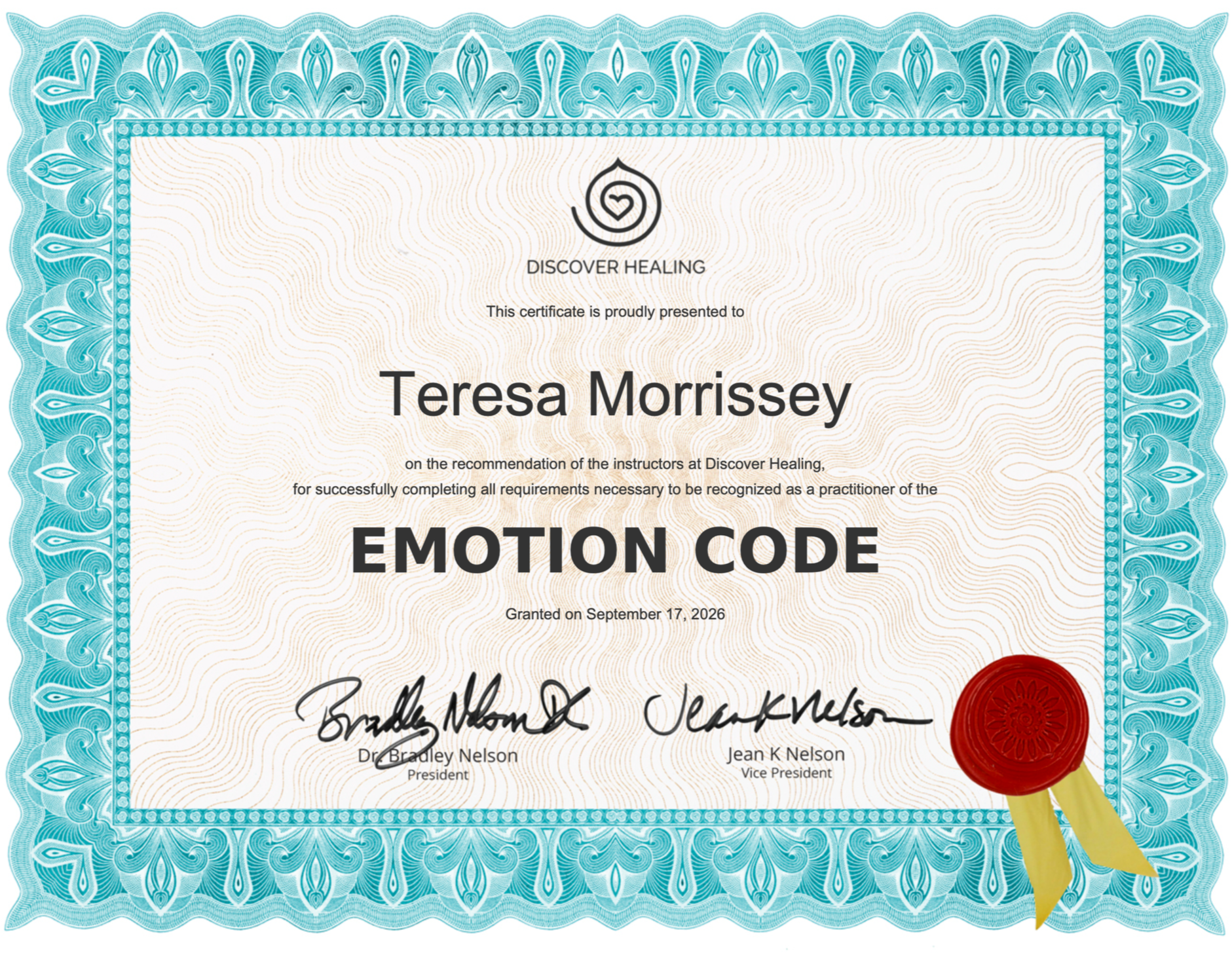 Certificate with blue decorative border awarded to Teresa Morrissey for completing the Emotion Code program, signed by Dr. Bradley Nelson and Jean K Nelson, with a red wax seal and yellow ribbon.