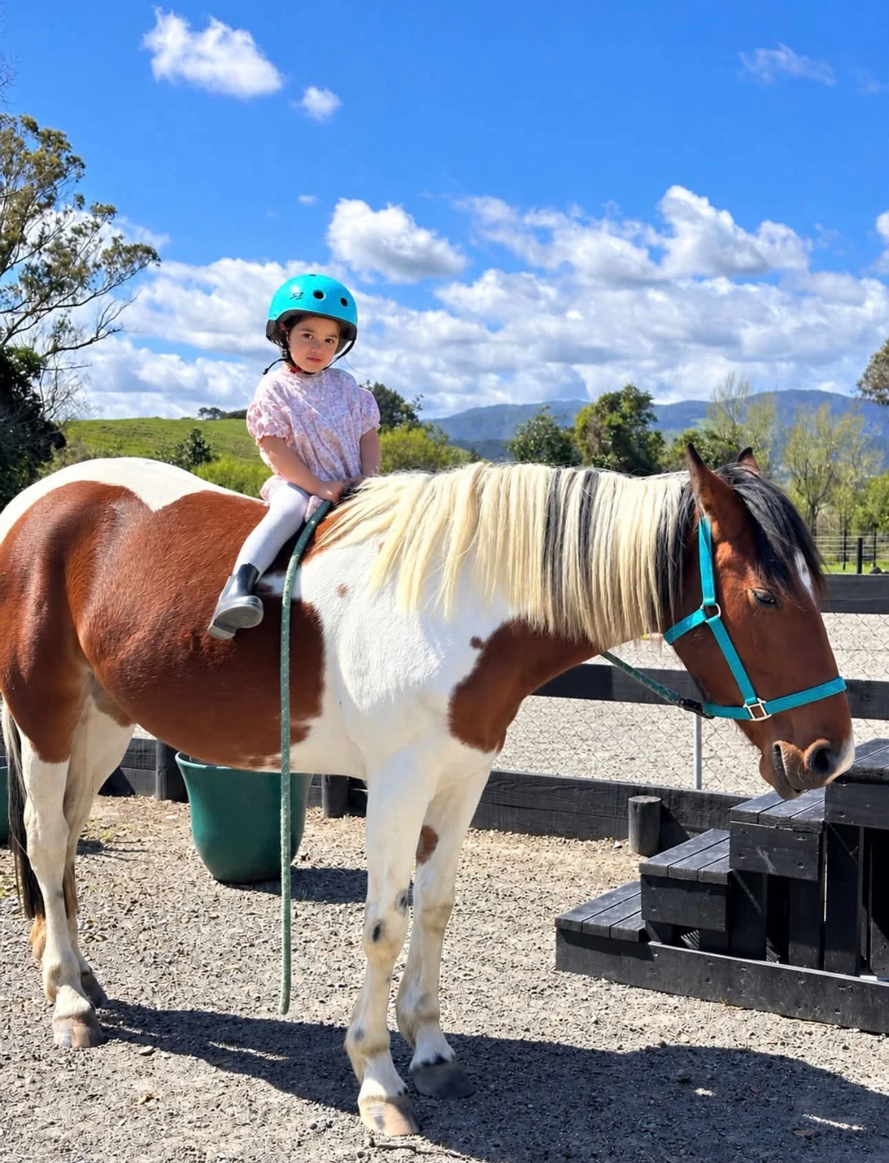 A young girl wearing a blue helmet and white leggings rides a brown and white pinto horse outdoors on a sunny day with a partly cloudy sky and hills in the background.