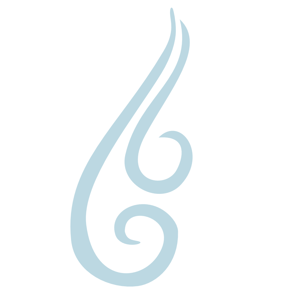 Stylized light blue swirl design on a black background.