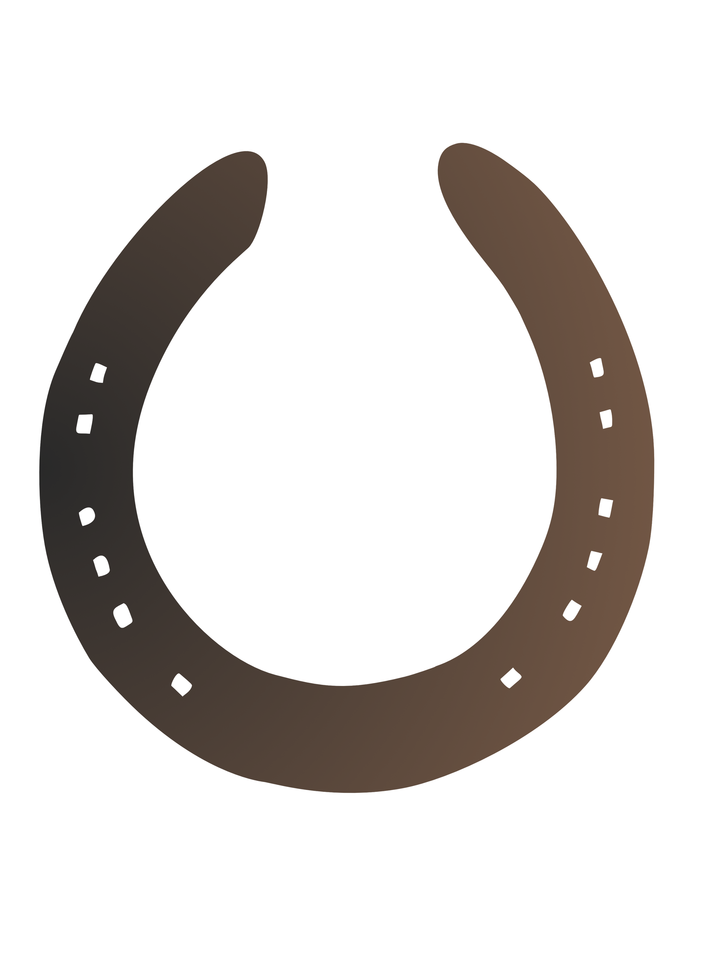 A brown horseshoe with perforations, displayed against a black background.