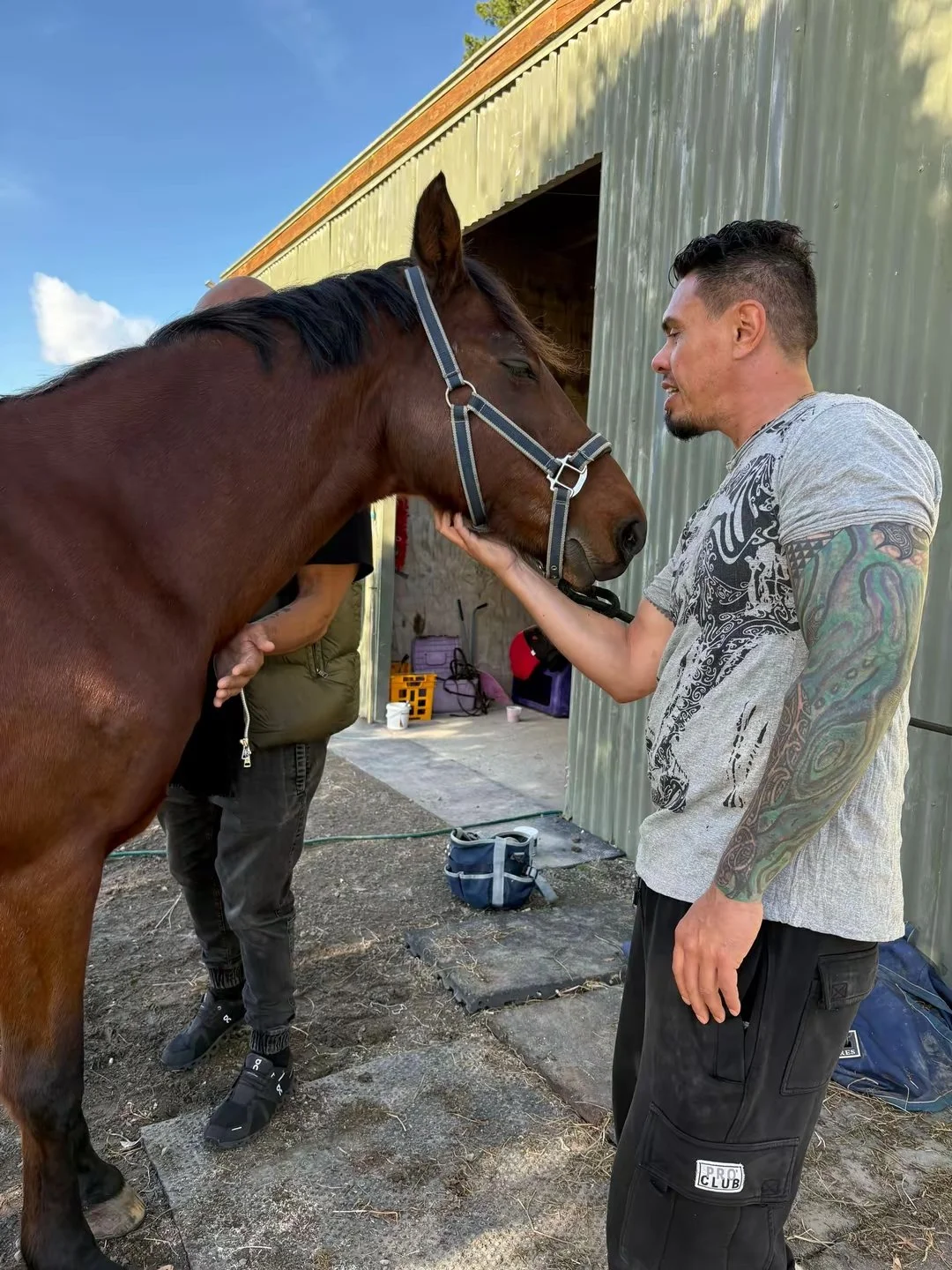 A man with tattoos on his right arm gently holding a brown horse's face, standing near a metal barn with another person partially visible behind them on a farm or stable.