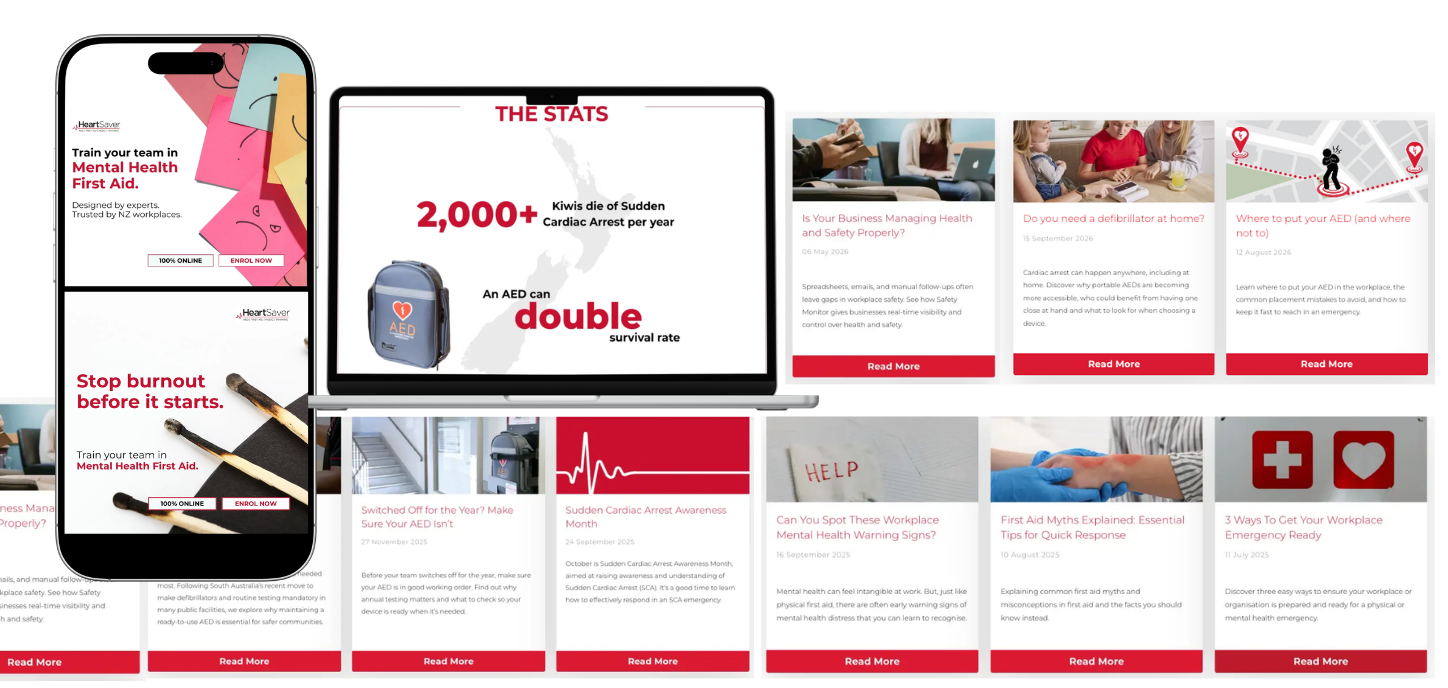 A collage of digital images and articles related to mental health first aid and cardiac arrest awareness. Includes a smartphone screen with a mental health first aid poster, a laptop displaying statistics about kiwis dying of cardiac arrest, various articles, and graphics about AEDs, workplace mental health signs, and emergency preparedness.