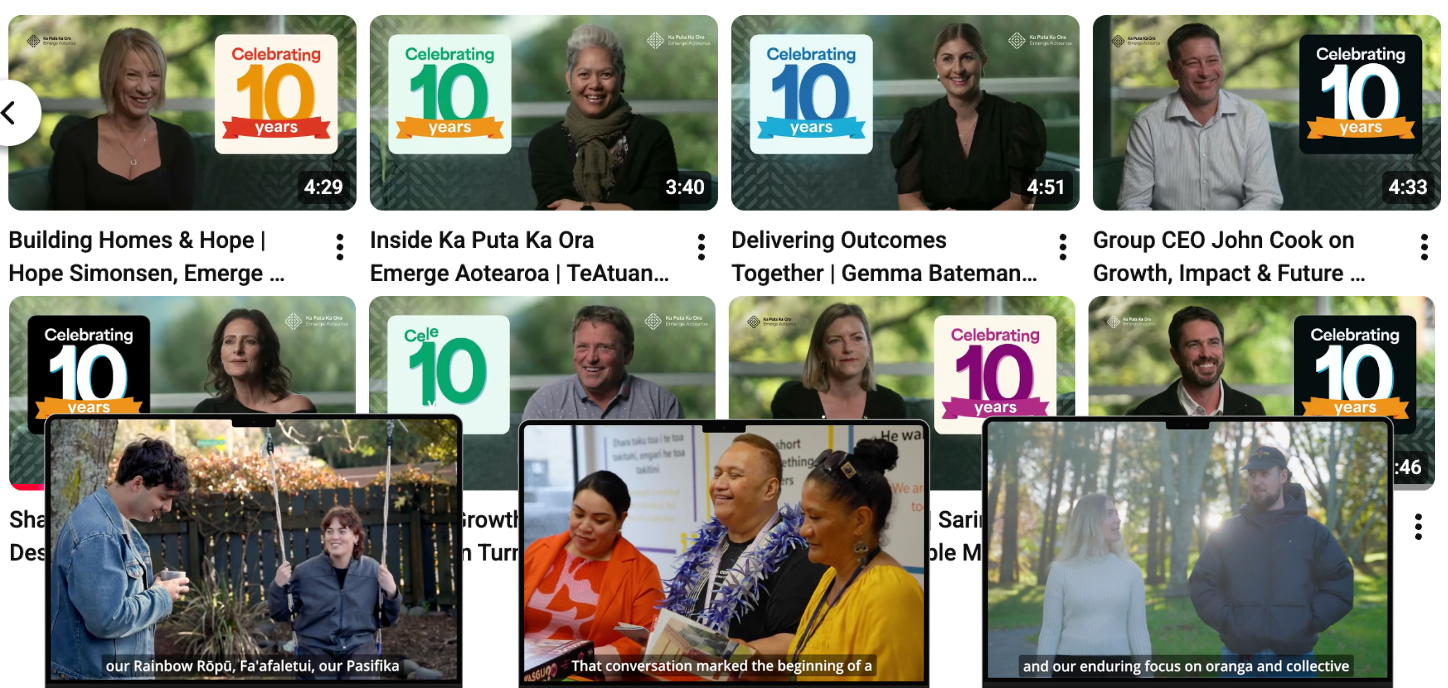 Collection of YouTube video thumbnails celebrating 10 years of various initiatives, featuring diverse speakers and outdoor backgrounds.