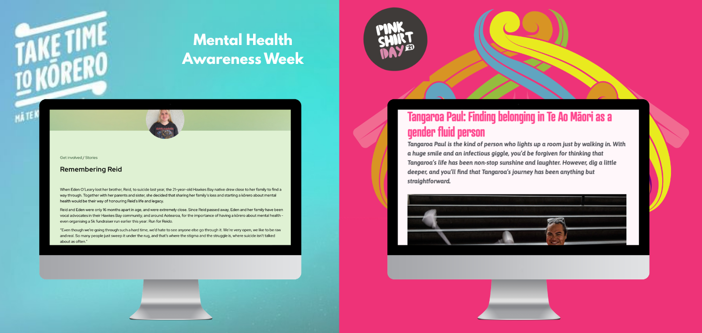 Two computer screens side by side, each with different content. The left screen shows a story titled 'Remembering Reid' about a young boy, with green background. The right screen features an article titled 'Tangaroa Paul: Finding belonging in Te Ao Māori as a gender fluid person' with a pink background and colorful abstract design.