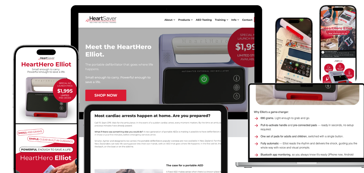 Various screens showing a website for HeartSaver and HeartHero Elliot, a portable defibrillator, on multiple devices, including smartphones, tablets, and laptops.