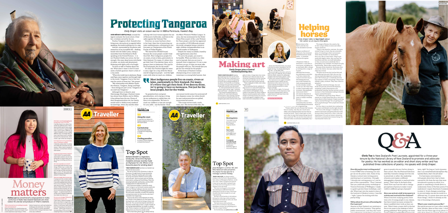 Collage of magazine pages and photos, including an elderly woman by the beach, a woman with a ponytail, a young woman holding a cup, a man with a white shirt, a woman with a blue and white striped sweater, and a man in a striped shirt, all engaged in different activities.
