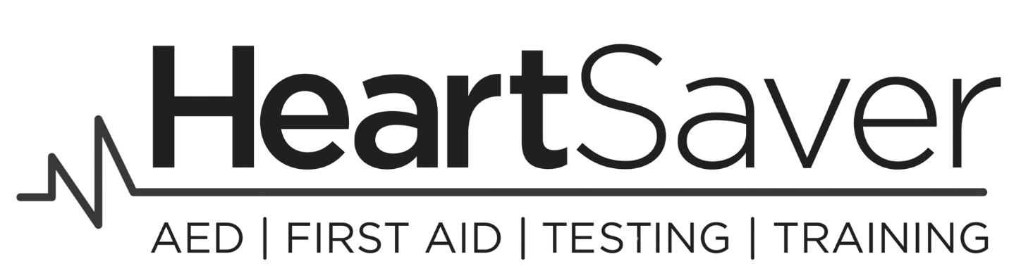 Logo for HeartSaver with a heart rate line, and text: AED, First Aid, Testing, Training.