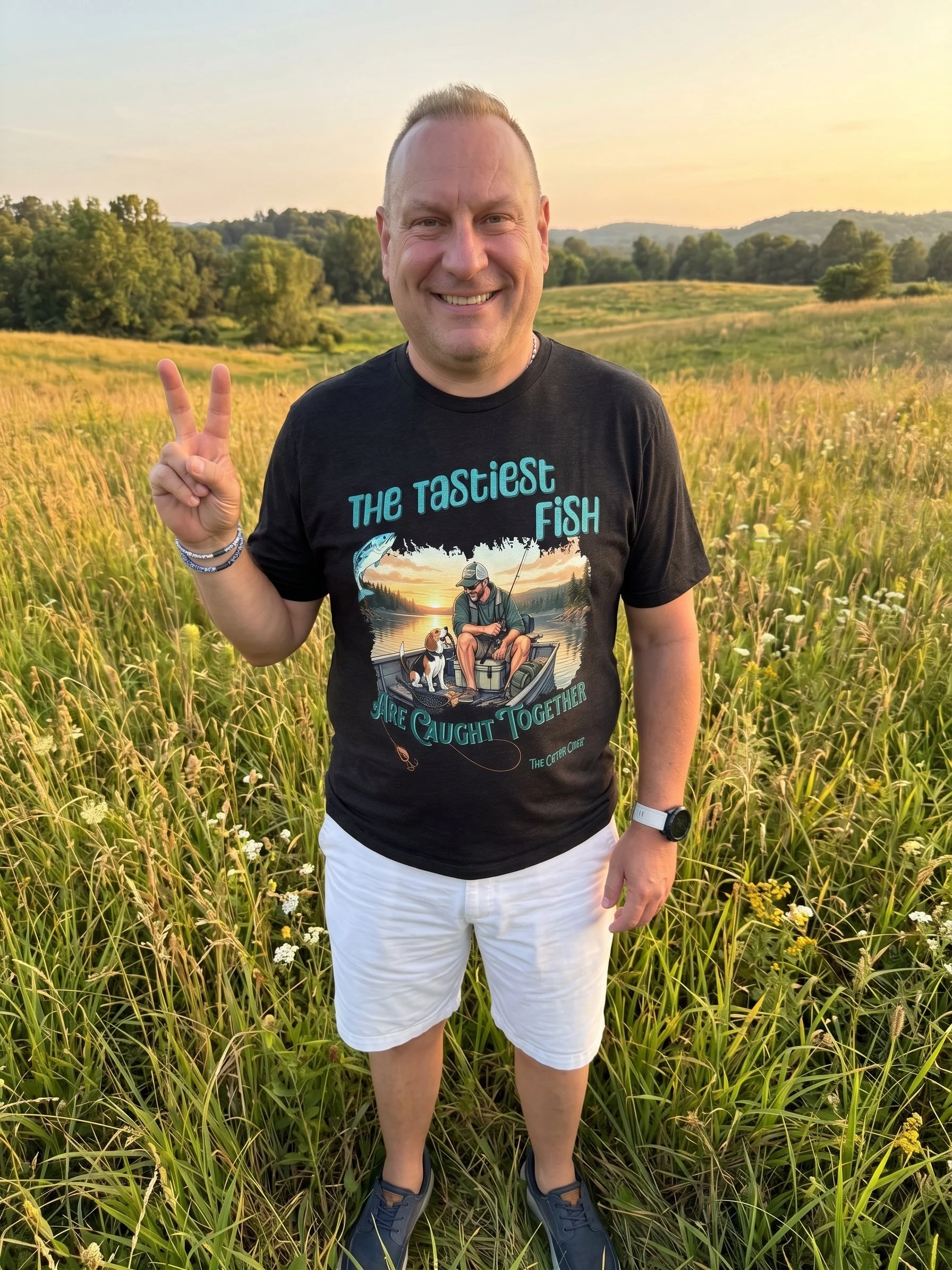 Michael J Maione, the founder of The Cotton Crier wearing his own graphic unisex cotton t-shirt of a man fishing in a boat with his dog. The shirt also says, The tastiest Fish, are caught together. Original graphics by The Cotton Crier.