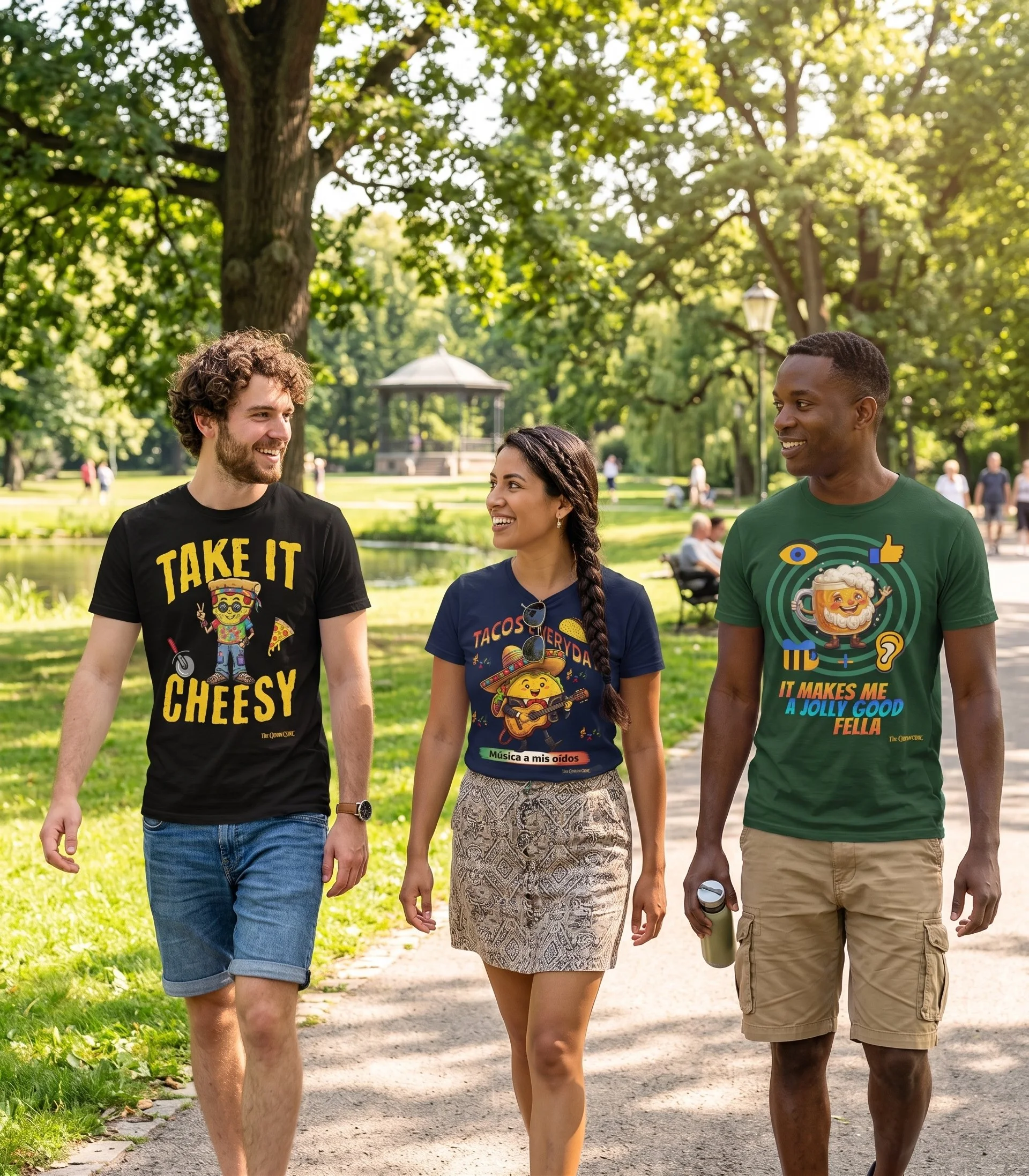 Three young adults walking together in a park all wearing a color unisex cotton t-shirt with graphics from The Cotton Crier on them. Including, Take It Cheesy, Tacos Everyday, and I Like Beer.