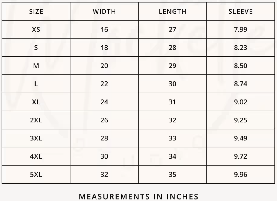 Cotton Crier T-Shirt Sizing Chart