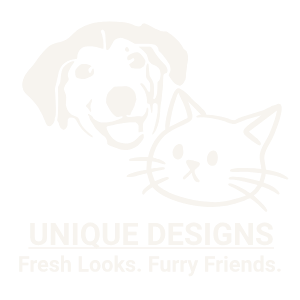 Black and white graphic logo featuring a dog's face and a cat's face with text 'UNIQUE DESIGNS Fresh Looks. Furry Friends.'