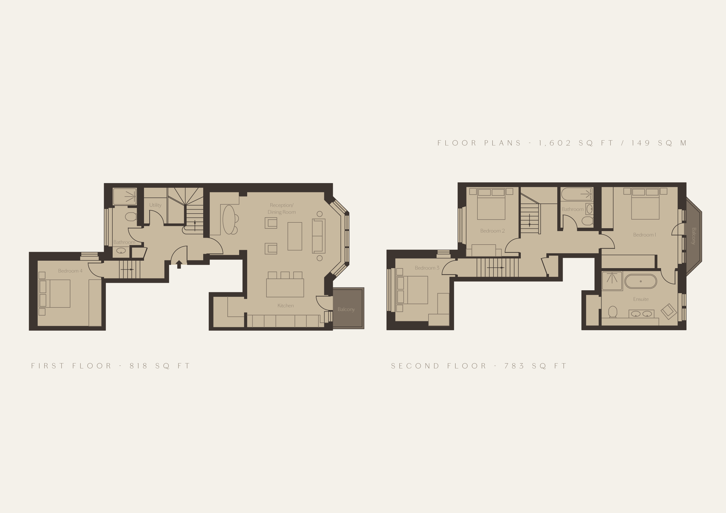 Floor plan with first floor measuring 818 square feet and second floor measuring 783 square feet, showing detailed layout of rooms including bedrooms, bathrooms, kitchen, living areas, and balconies.