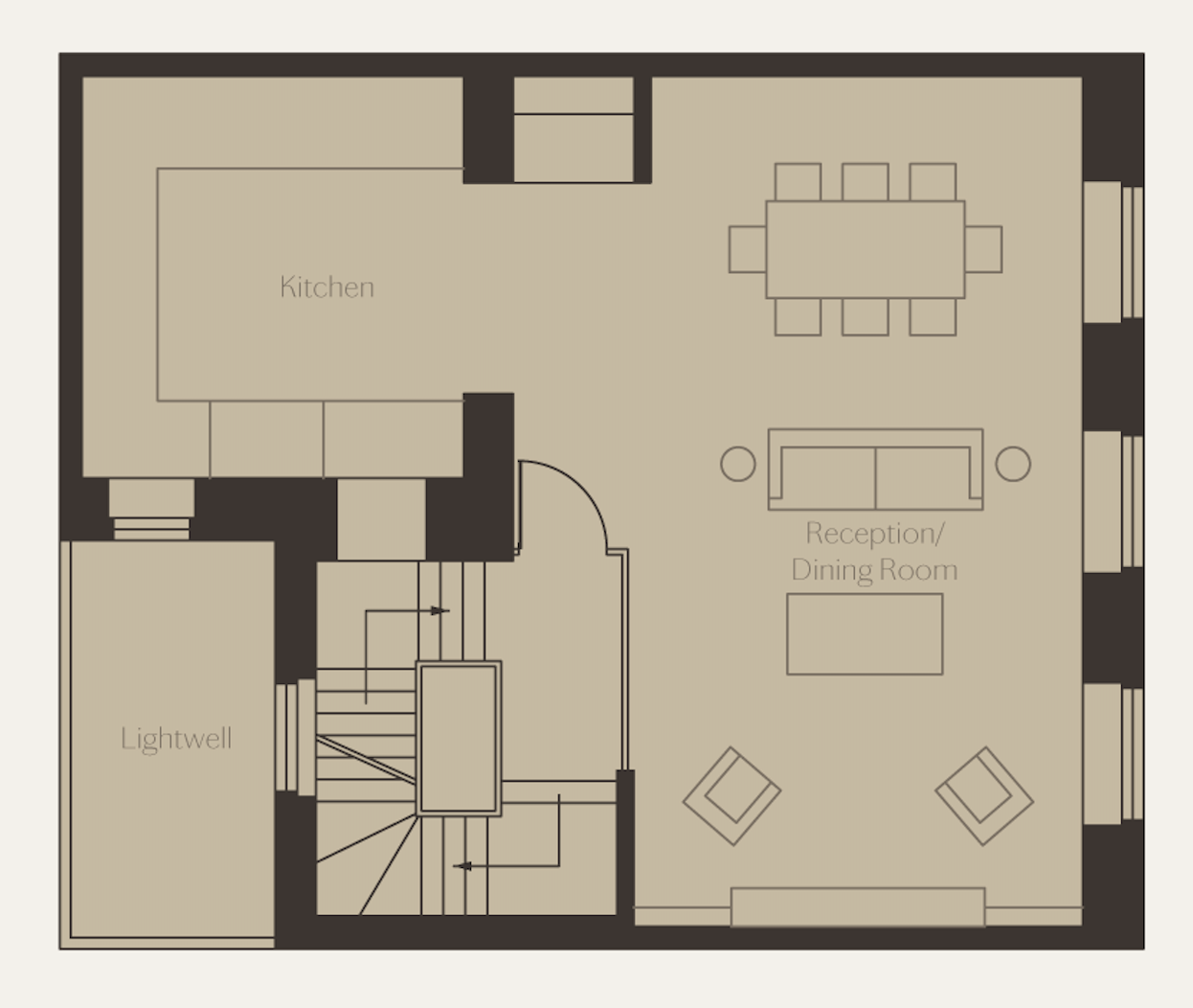 Floor plan of a living space showing a kitchen, reception/dining room, lightwell, and staircase.