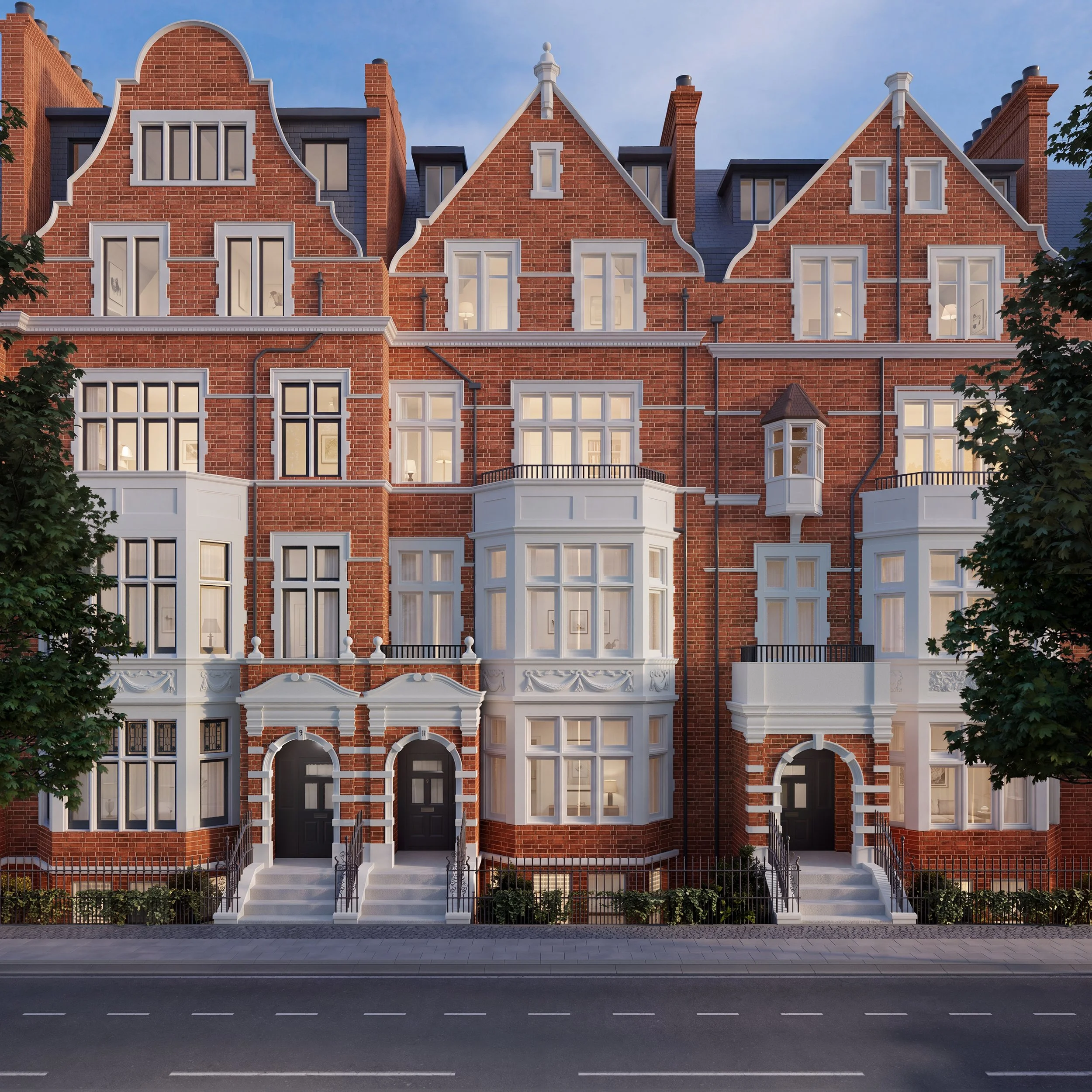 Exterior of Eleven, a red brick Queen Anne Revival terrace with Dutch gables on Palace Court, Notting Hill