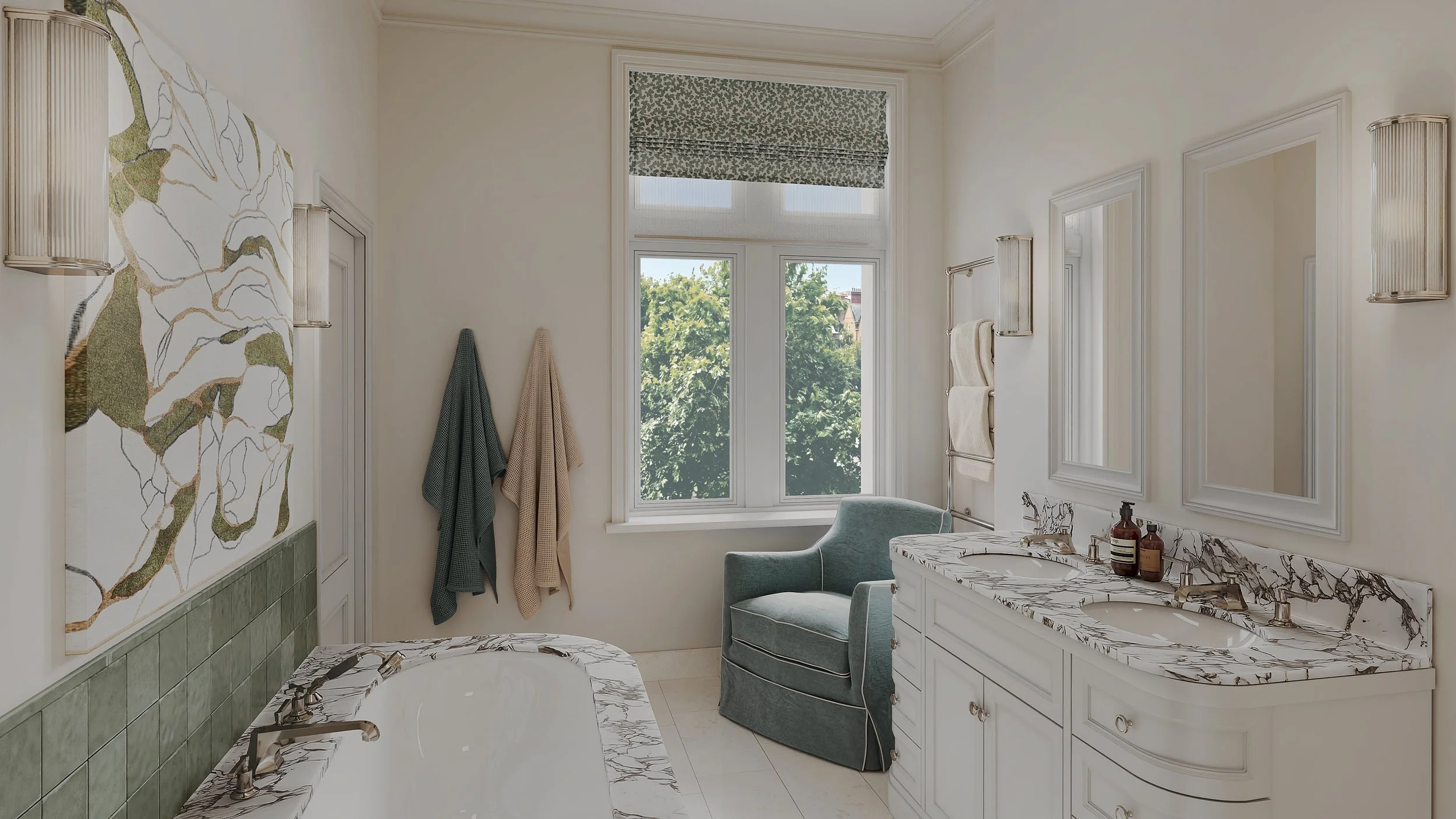 A bathroom with a bathtub, a vanity with a marble countertop, mirrors, wall-mounted lights, a window with a view of trees, and towels hanging on the wall.