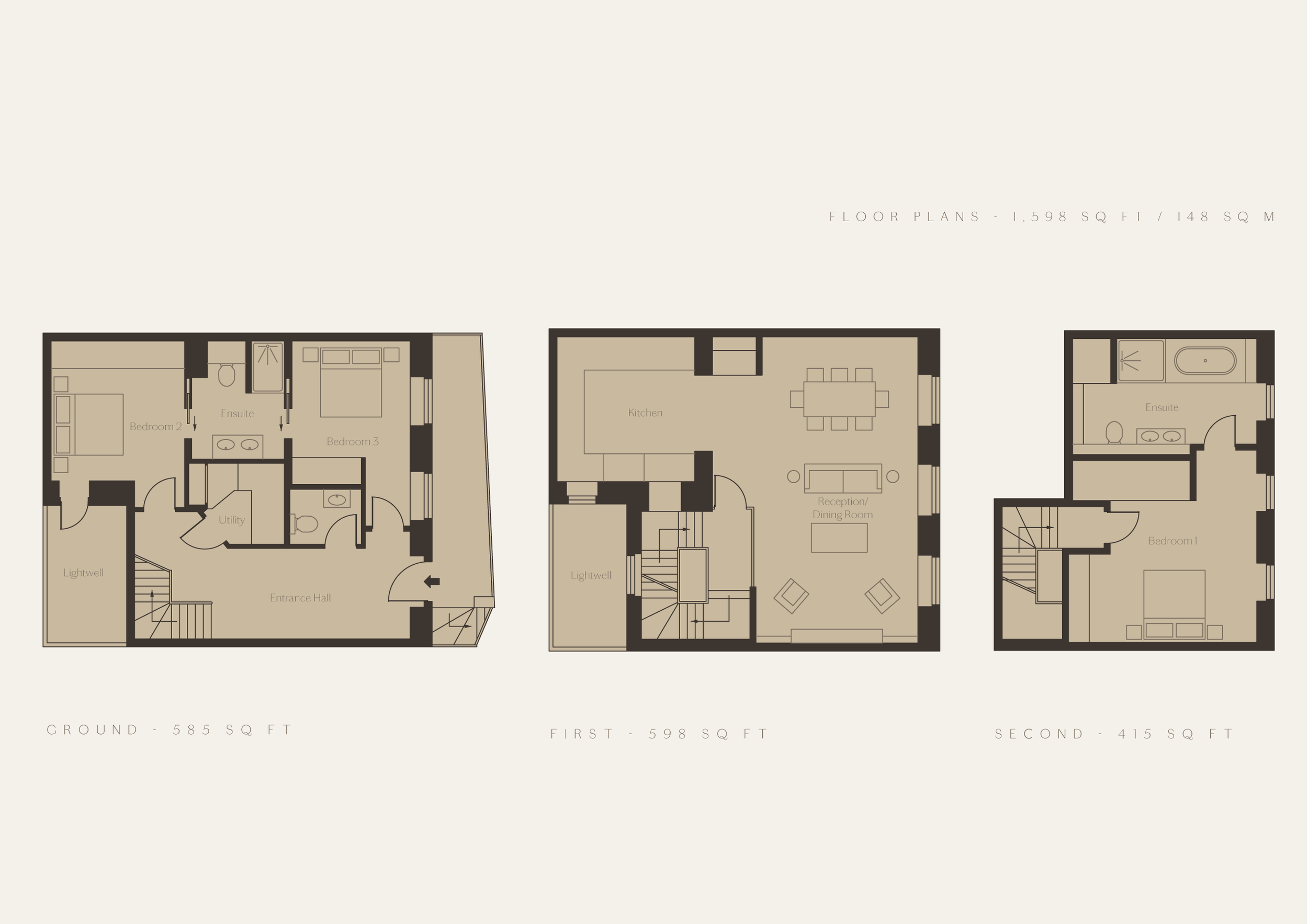 Floor plans for a multi-story house, including ground, first, and second levels, with room labels and measurements.