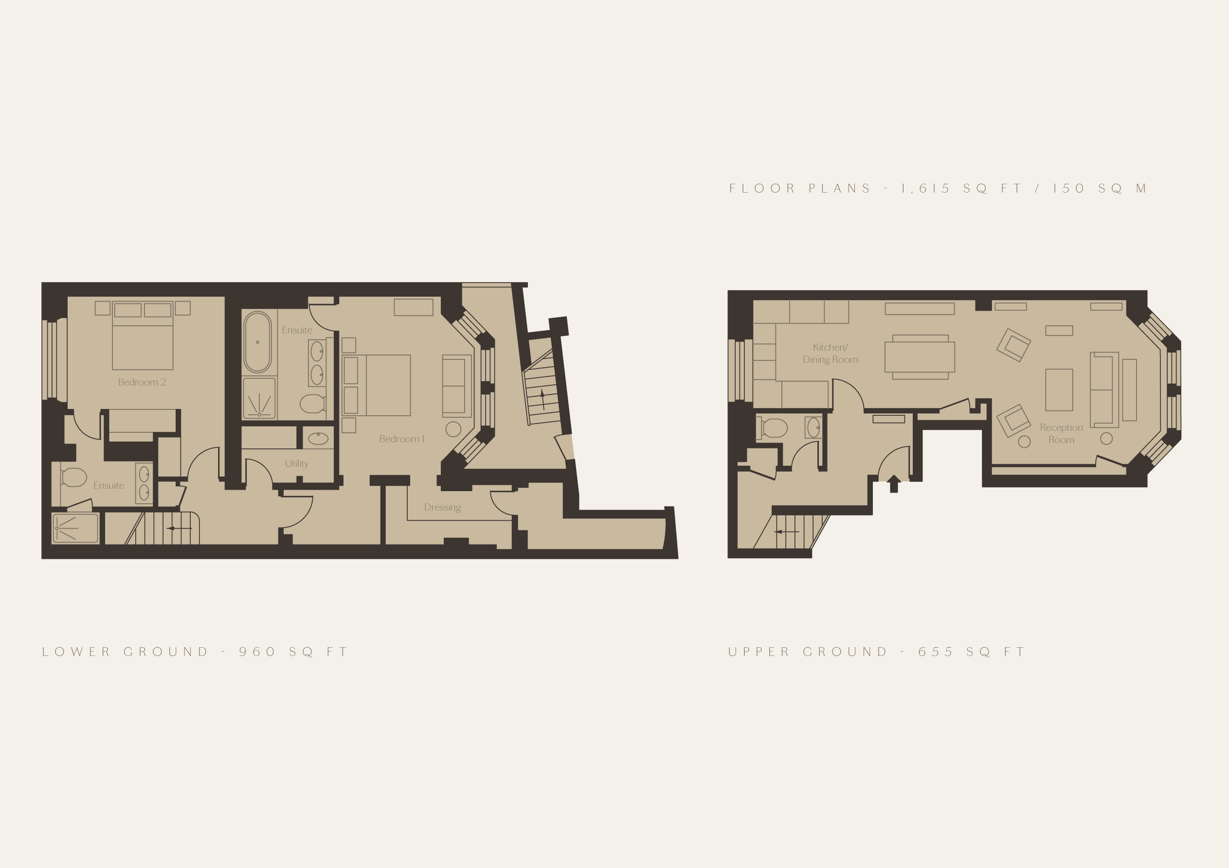 Floor plans for a residential building, showing lower ground, upper ground, and a partial basement level, with room labels and area measurements.