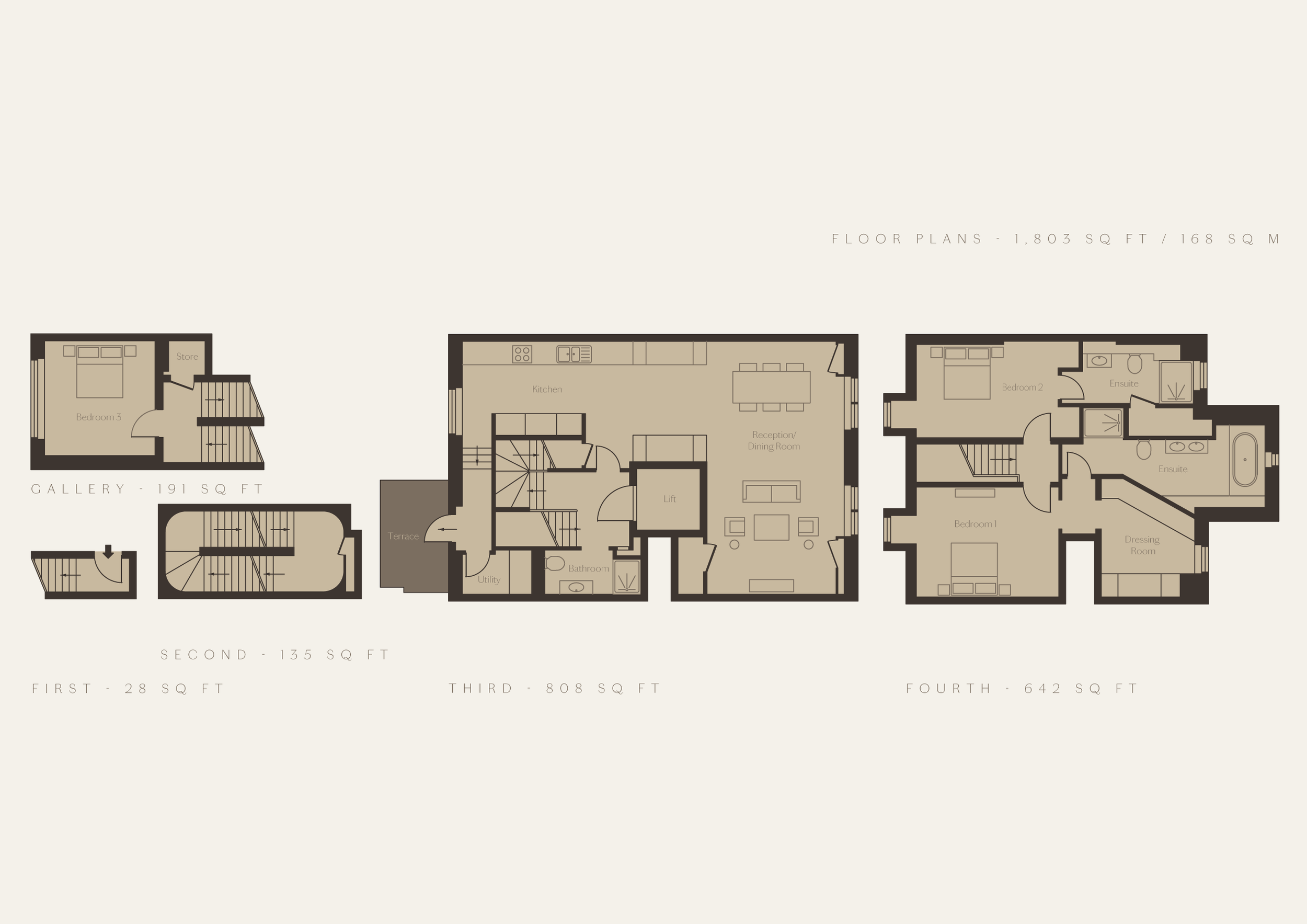 Architectural floor plan for a multi-story residence, detailing rooms such as bedrooms, kitchen, living room, bathrooms, and additional spaces with labels and measurements.