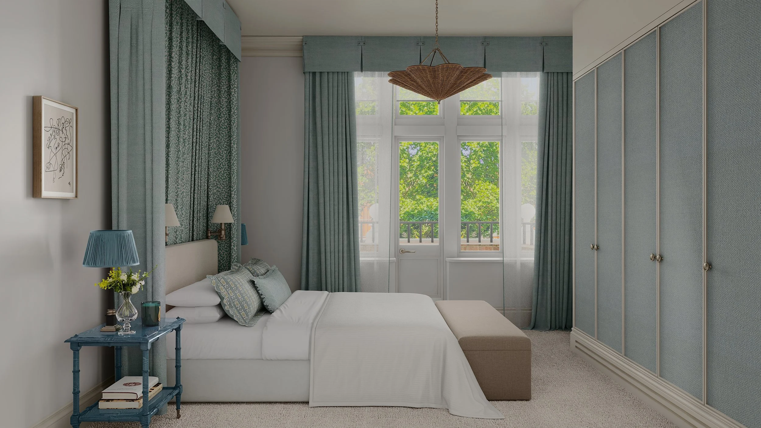 Principal bedroom with a large window, light blue curtains, a white bed with gray and blue pillows, a blue bedside table with a glass vase and a blue lamp, a beige ottoman at the foot of the bed, a modern wall art piece, and a ceiling light fixture.