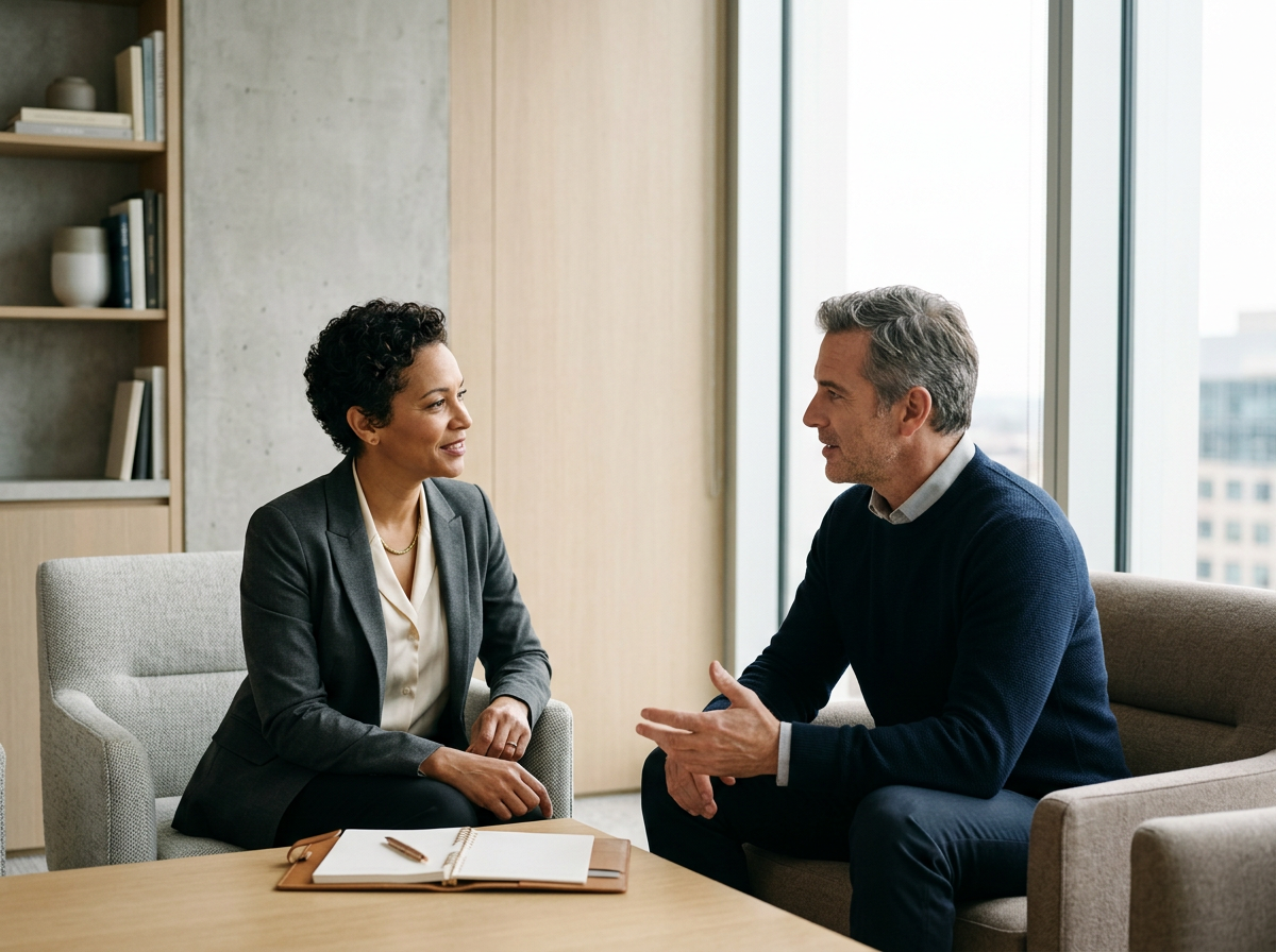 Two people sitting on chairs having a conversation in a modern office with large windows and a bookshelf in the background.