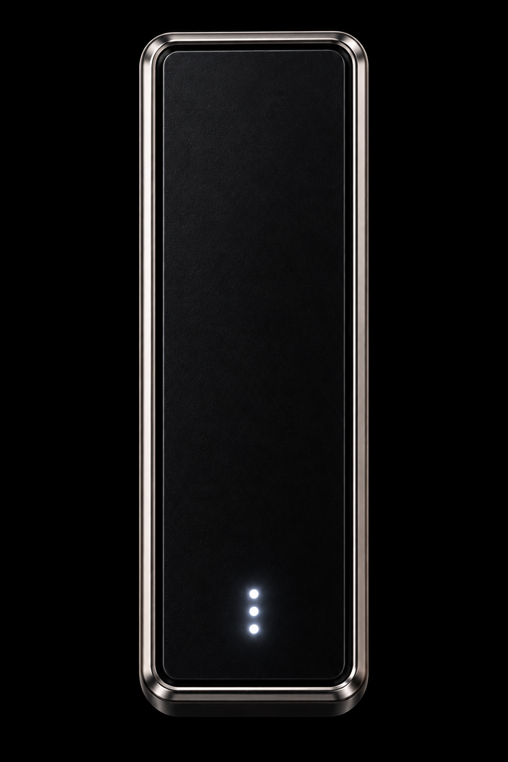 Vórda wearable memory drive with a black face, metallic frame, and three illuminated indicators.