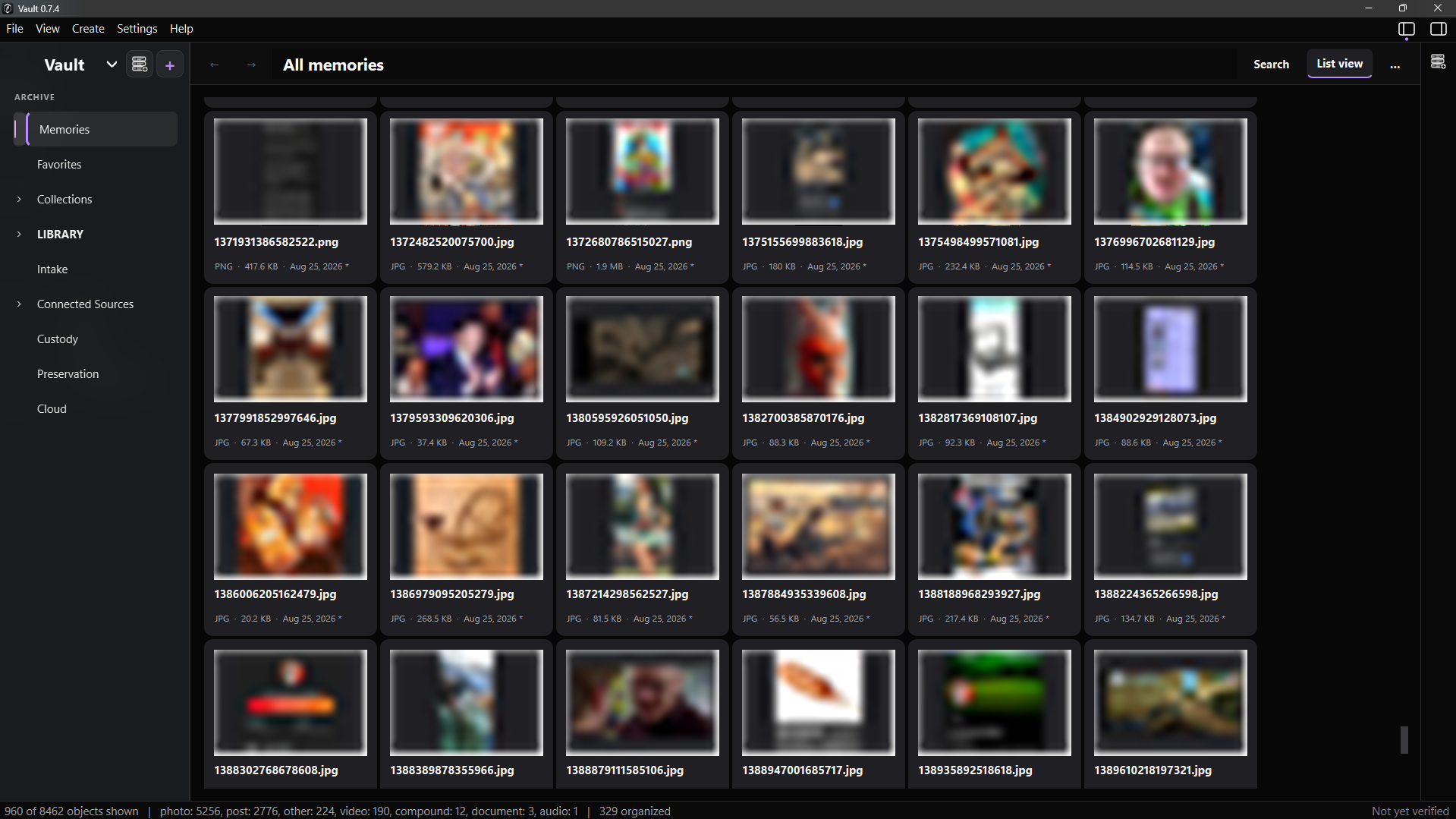 Vault archive in list view with gently blurred memory thumbnails.