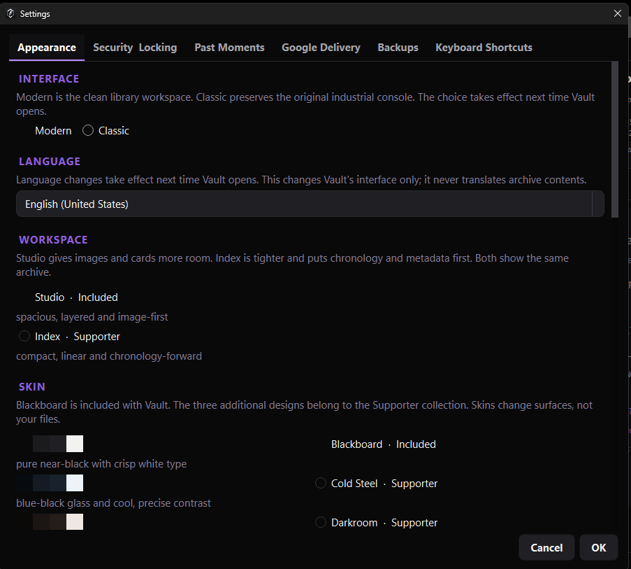 Vault settings for interface, workspace, appearance, security, and backups.