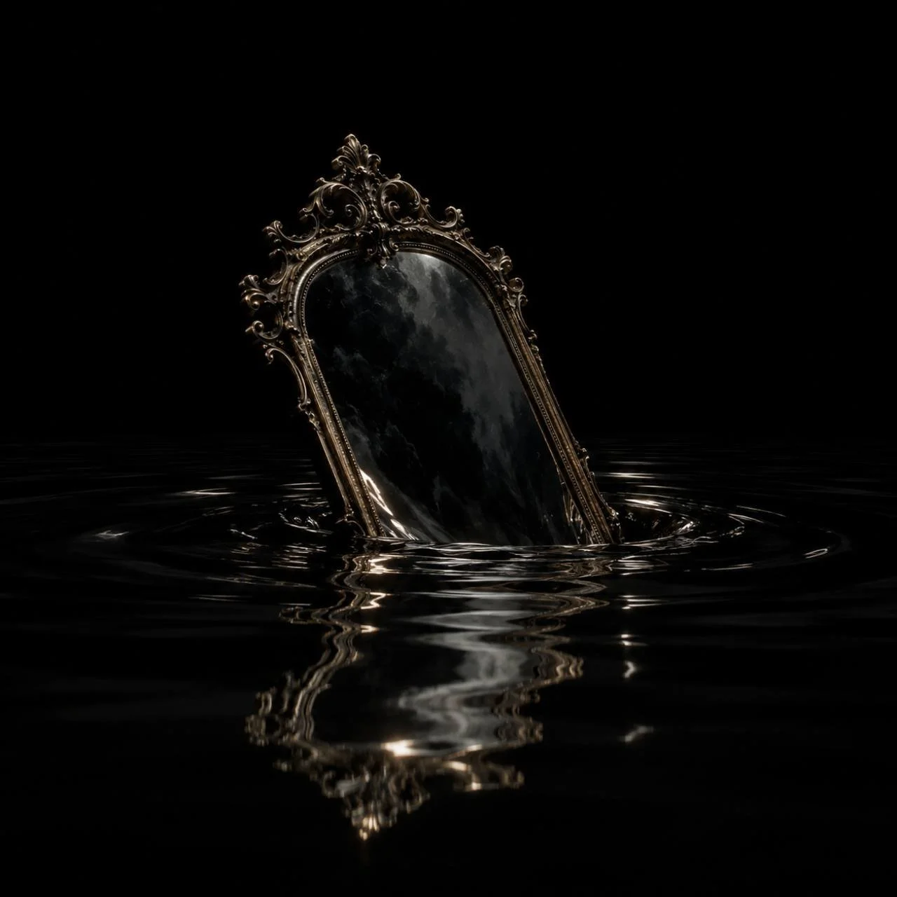 An ornate mirror emerging from dark water, with its reflection below.