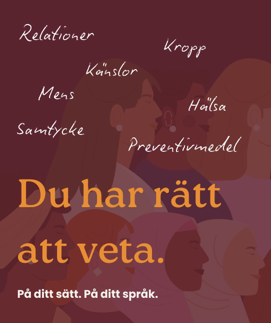 En illustration med text som säger "Du har rätt att veta" och andra ord relaterade till hälsa och relationer, inklusive 'Relationer', 'Kropp', 'Känslor', 'Men', 'Sätyck', 'Hälsa', 'Preventivmedel'. Bakgrund av silhuetter av människor.