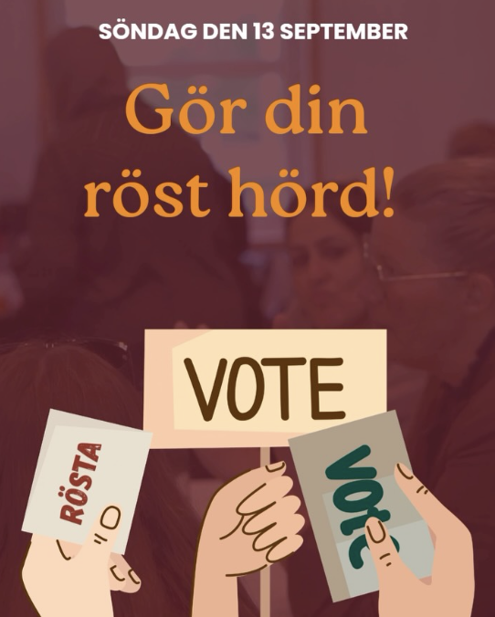 Posters med uppmaningar att rösta, med ordet 'VOTE' och 'RÖSTA', samt händer som håller i valsedlar, under en kampanj för att uppmana till rösträtt på en söndag den 13 september.