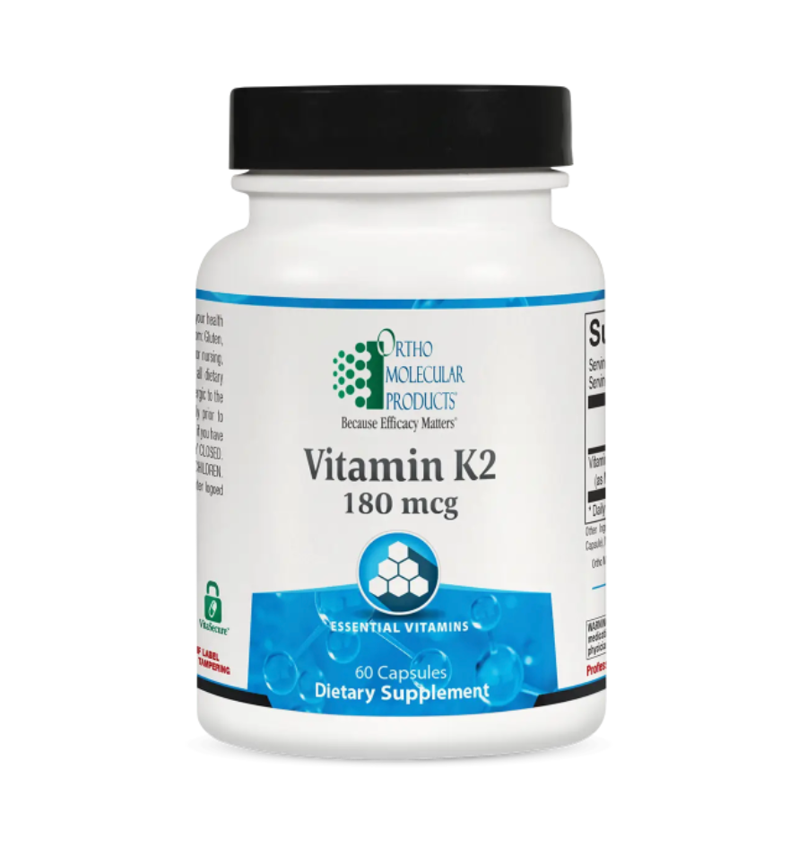 Bottle of Orthomolecular Products Vitamin K2 dietary supplement with 60 capsules, 180 mcg.
