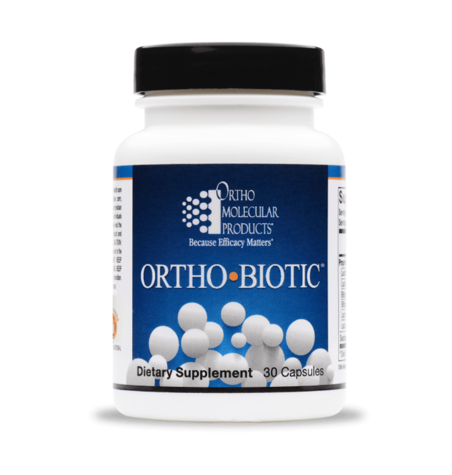 A bottle of Ortho Biotic dietary supplement containing 30 capsules, produced by Ortho Molecular Products.