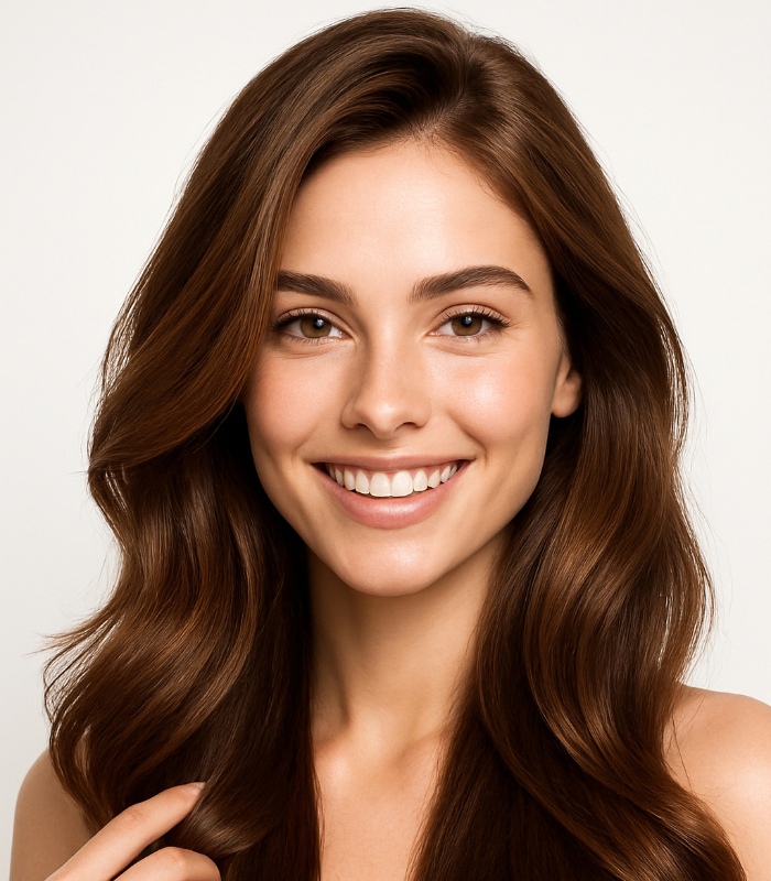 A beautiful woman who did PRP Therapy at MD Plus with flawless skin smiling