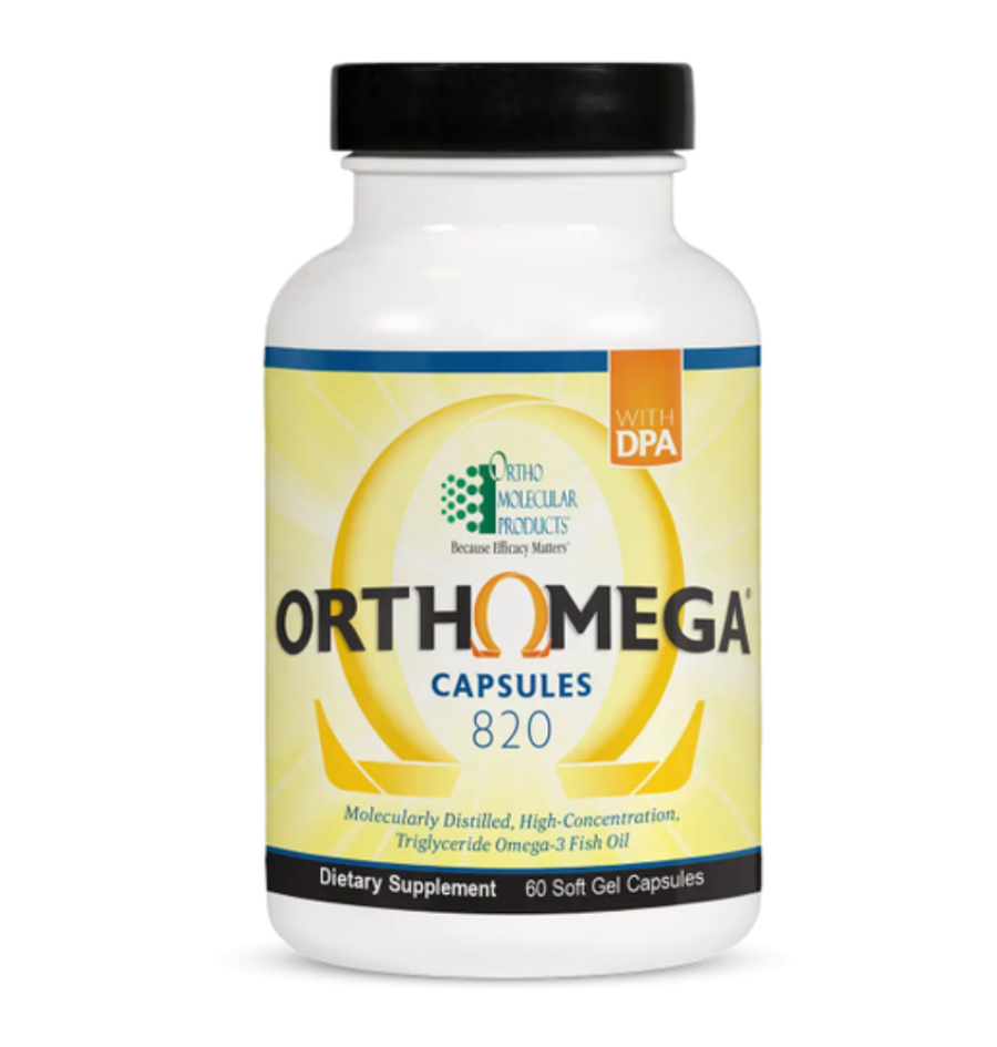 Bottle of dietary supplement called ORTHOMEGA capsules with DPA, containing 60 soft gel capsules, designed to support joint and overall health, with molecularly distilled omega-3 fish oil.