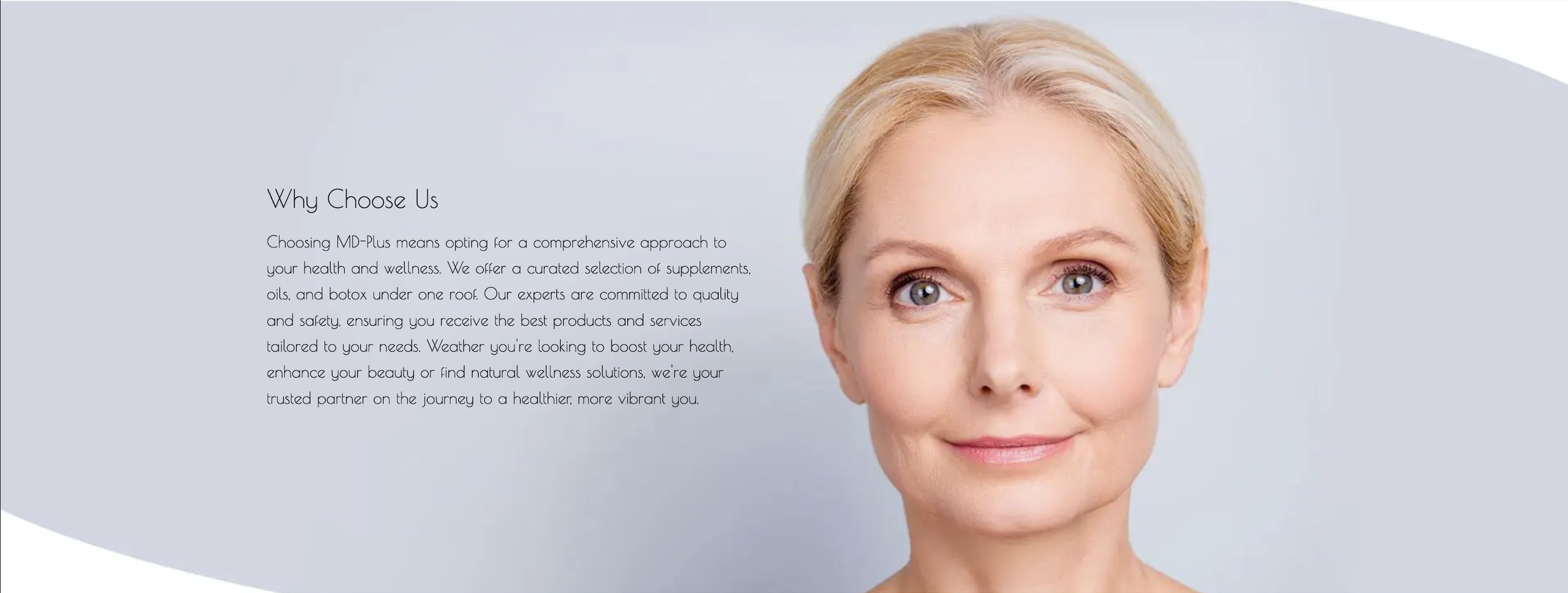 Image of a beautiful woman smiling with text beside her explaining why you should choose MD Plus