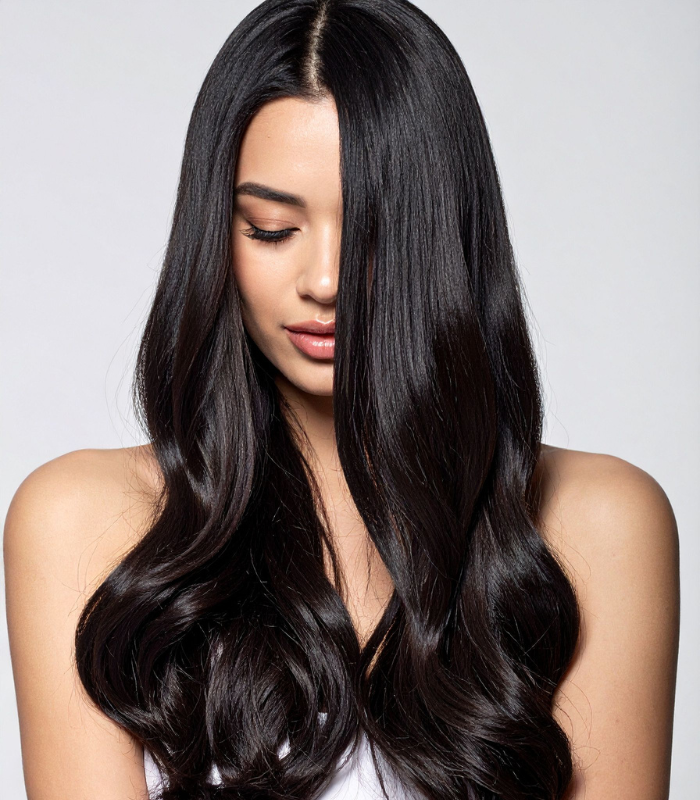 woman with long healthy hair and skin because of PRP Therapy at MD Plus in Colleyville, TX.