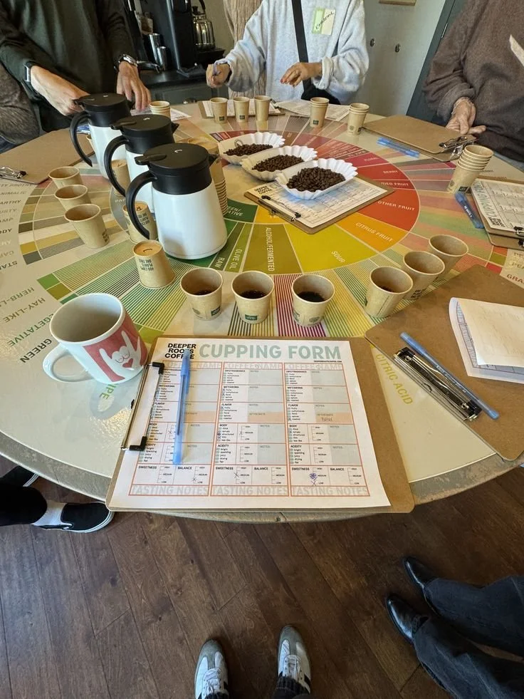 People participating in a coffee cupping session, with cups of coffee, coffee beans, notebooks, and a cupping form on a round table covered with a colorful coffee flavor wheel chart.