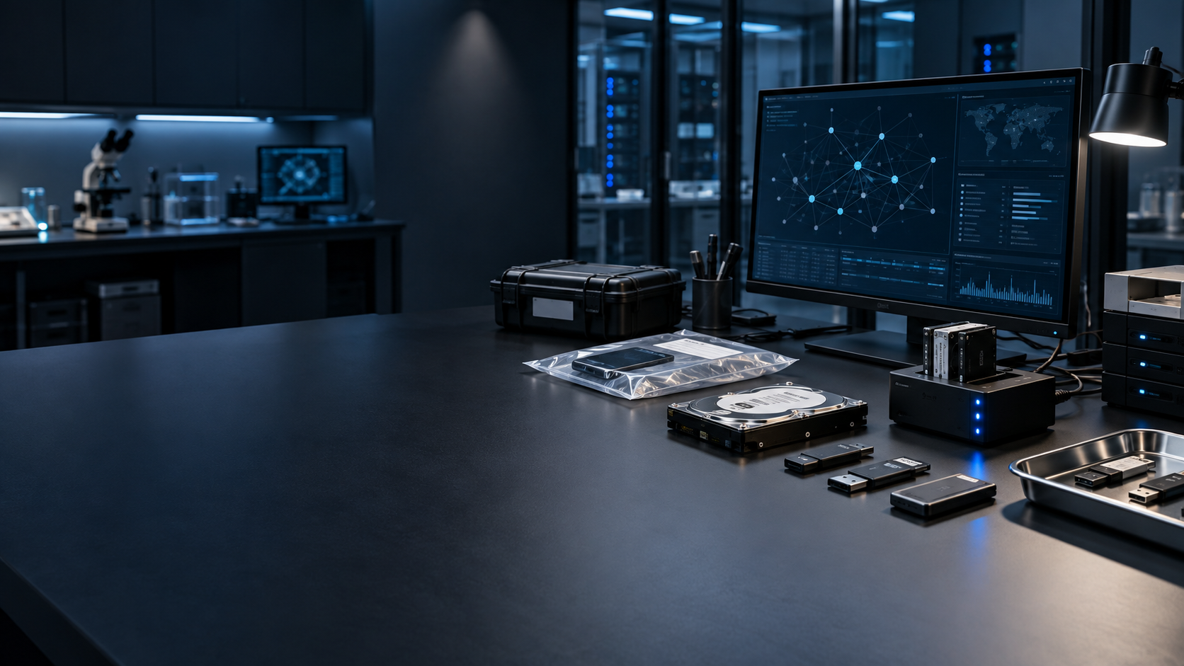 Secure digital forensics laboratory with controlled evidence handling and analysis equipment