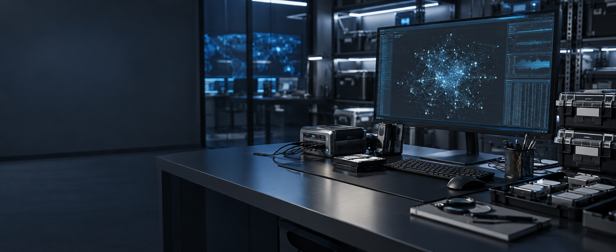Secure digital forensics analysis workspace with forensic hardware and controlled evidence storage
