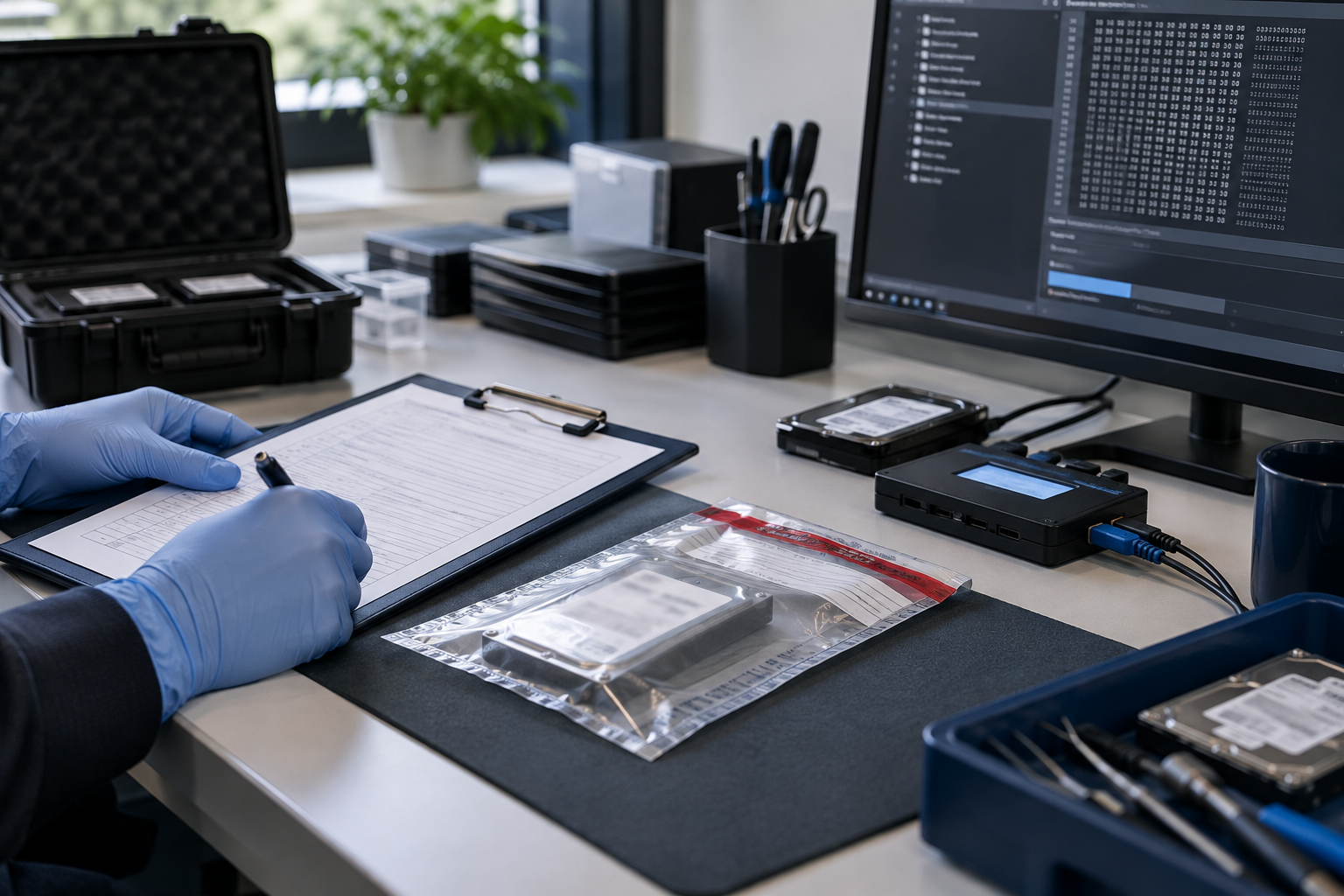 Controlled digital evidence handling with forensic workstation, write blocker, and sealed media