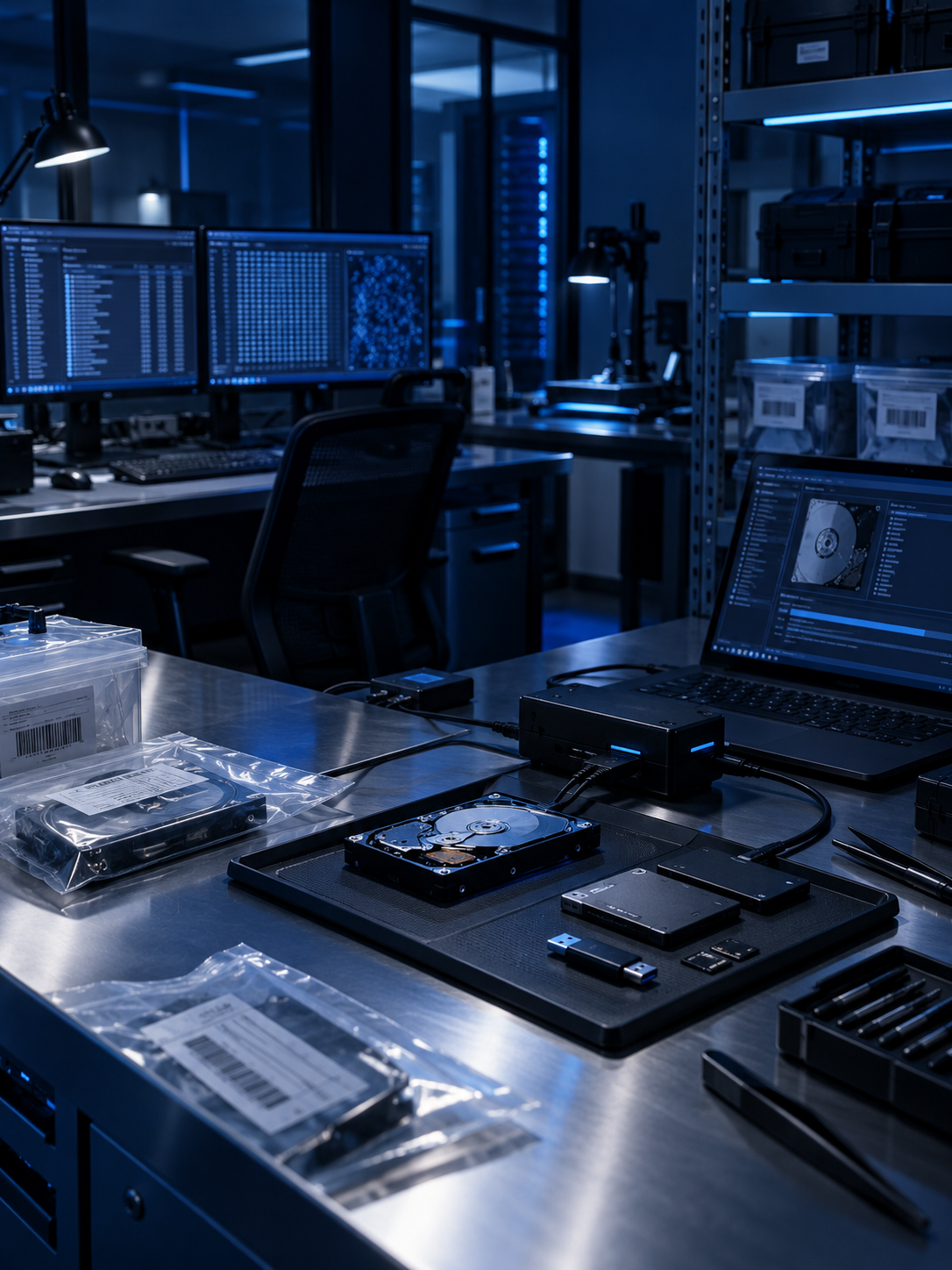 Digital forensics laboratory with controlled evidence media, forensic hardware, and analysis workstations