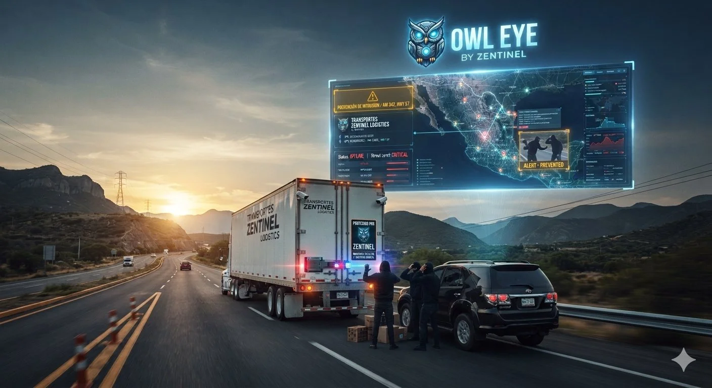 Camiones de carga de la empresa Zentinel Logistics en una autopista en una puesta de sol, con un mapa y pantalla digital futurista sobre la escena mostrando información de seguridad y logística en una interfaz holográfica.