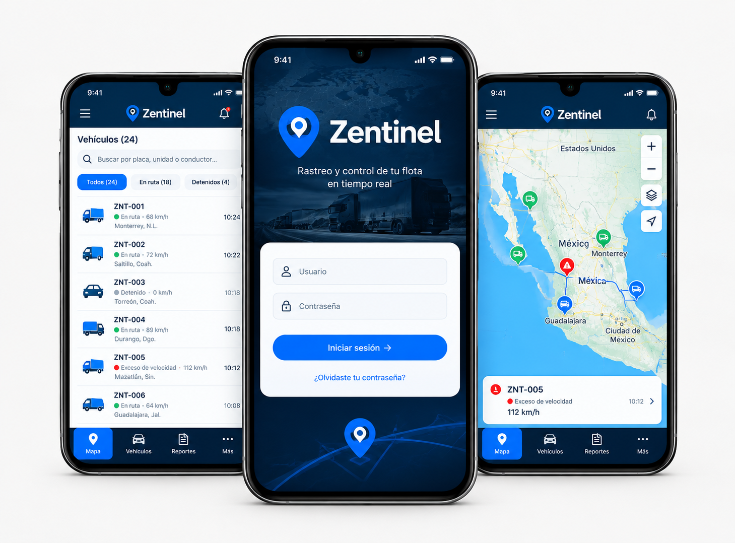 Pantalla de una aplicación móvil llamada Zentinel que muestra el rastreo y control de flota en tiempo real, con mapas y lista de vehículos.