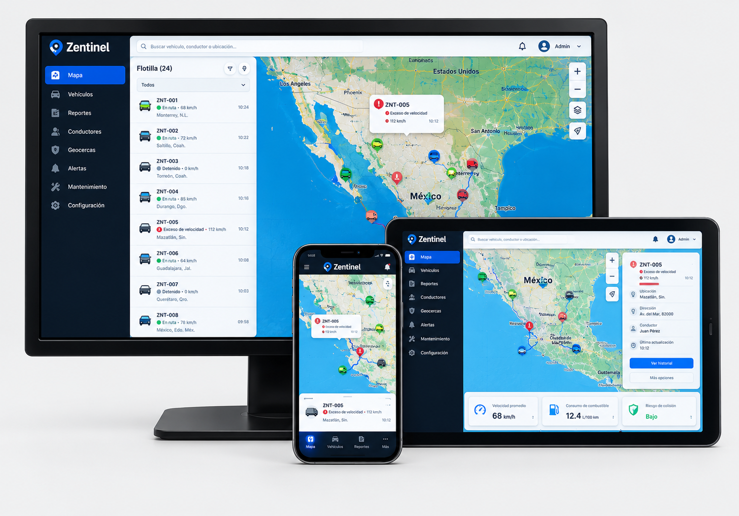 Pantalla de software de gestión de transporte en diferentes dispositivos con mapa de rutas y estado de vehículos en México.