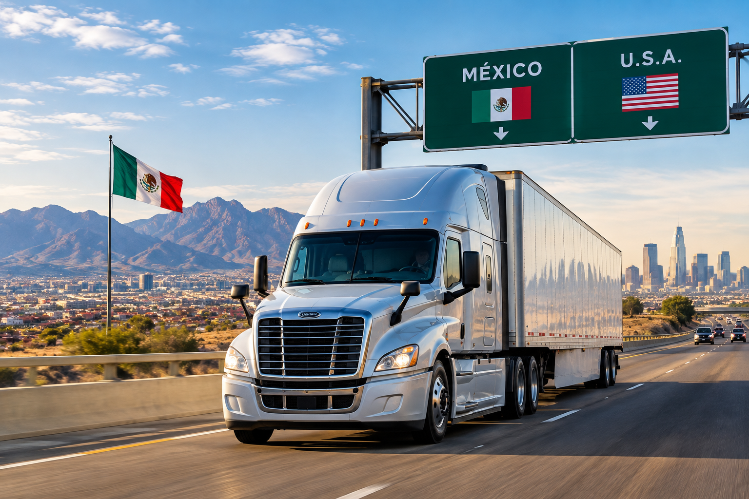 Camión de carga en una autopista, con señalización que indica la frontera entre México y Estados Unidos, con la ciudad de Los Ángeles y montañas de fondo, y banderas de México y Estados Unidos.