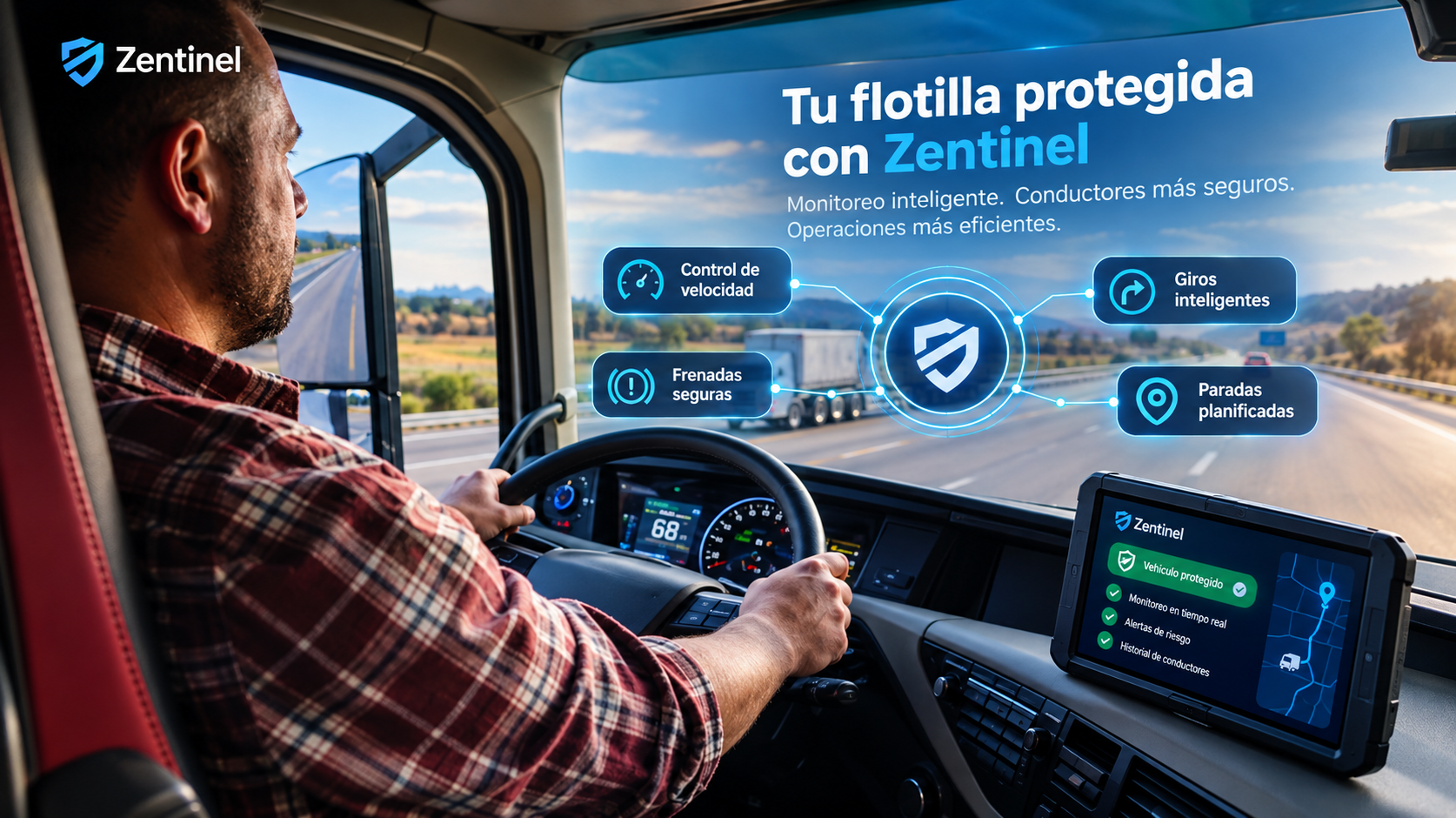 Imagen de un conductor en un camión con pantallas digitales que muestran información sobre un sistema de protección con Zentinel. La vista desde el interior del camión muestra un paisaje en la carretera y elementos gráficos que describen características del sistema como control de velocidad, frenadas seguras, giros inteligentes y paradas planificadas.